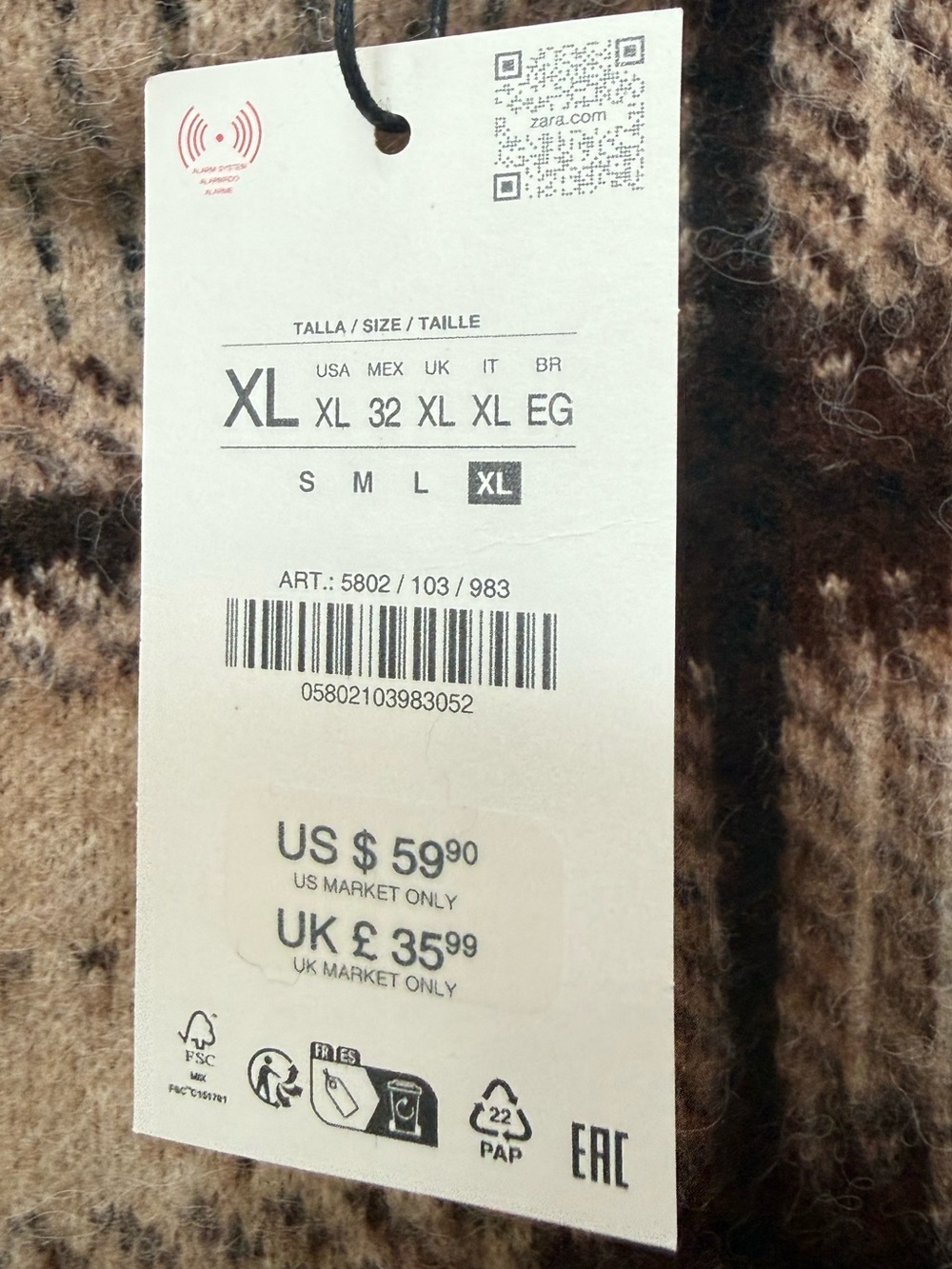 ZARA Plaid Mock Neck Sweater Fuzzy Brown Checked Cozy Boxy Pullover. XL. NEW. - Picture 7 of 9